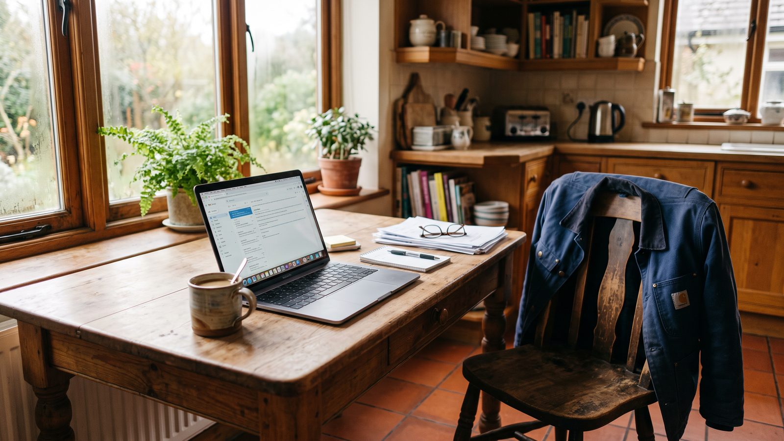 Küchentisch am frühen Morgen mit Laptop und Kaffee, Arbeitsjacke über dem Stuhl