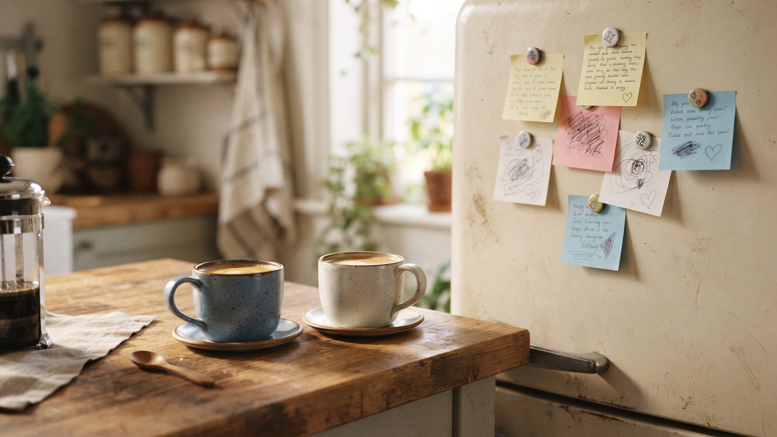 Zwei Kaffeetassen auf der Küchenanrichte und Notizzettel an der Kühlschranktür